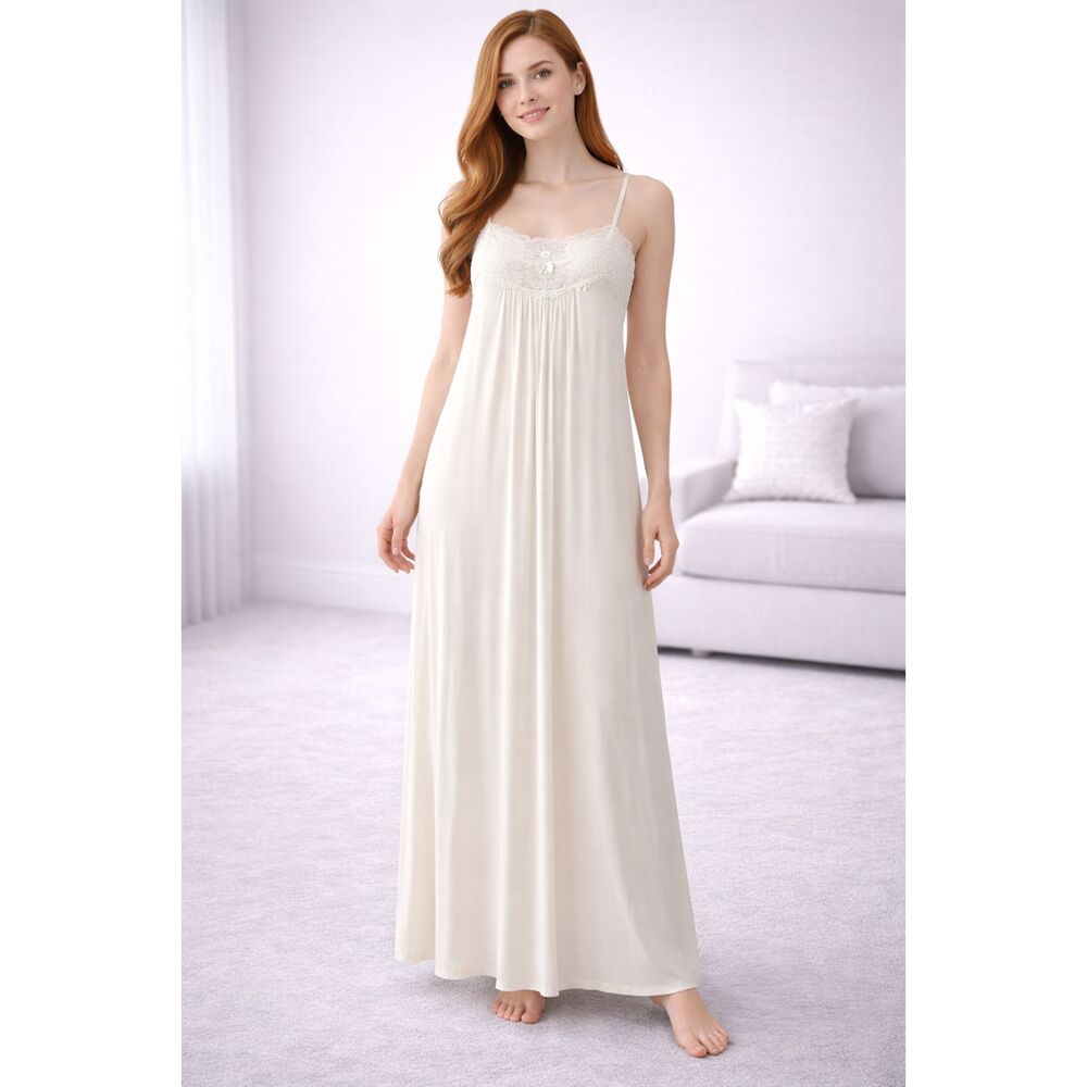 Val Mode Vintage Lace & Satin Slip Maxi Night Gown FLAWED M